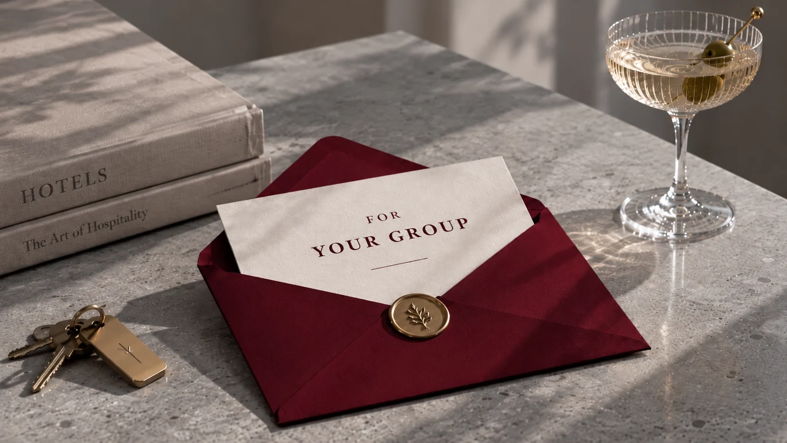 A burgundy envelope with a personalised group invitation, a cocktail and hotel keys on a grey stone table