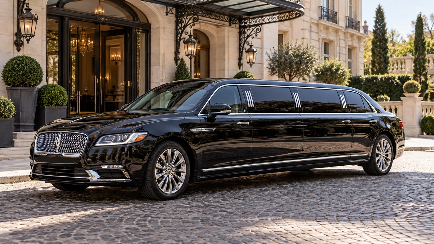 Black stretch limousine outside an elegant hotel in daylight