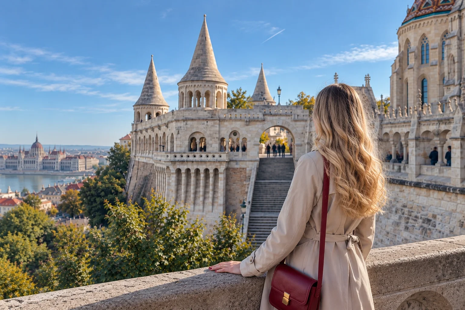 A woman with a burgundy handbag overlooking Budapest from Fisherman's Bastion
