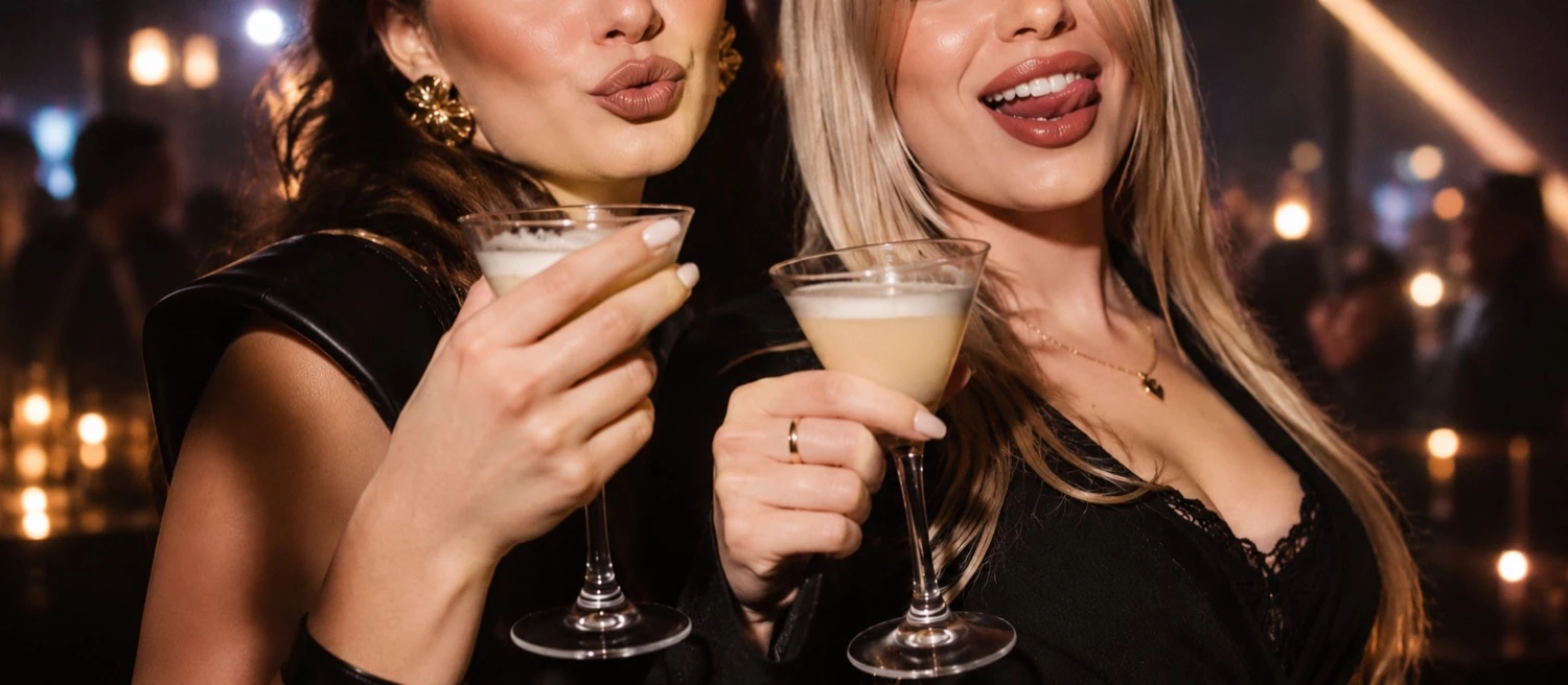Two glamorous party hostesses holding cocktails in a nightclub